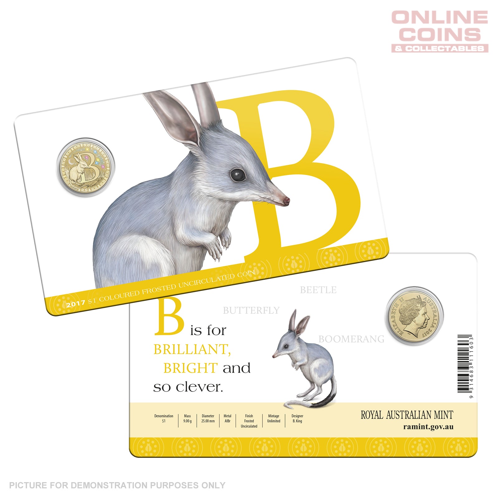 2017 $1 Coloured Alphabet Frosted Coin In Card - B For Bilby
